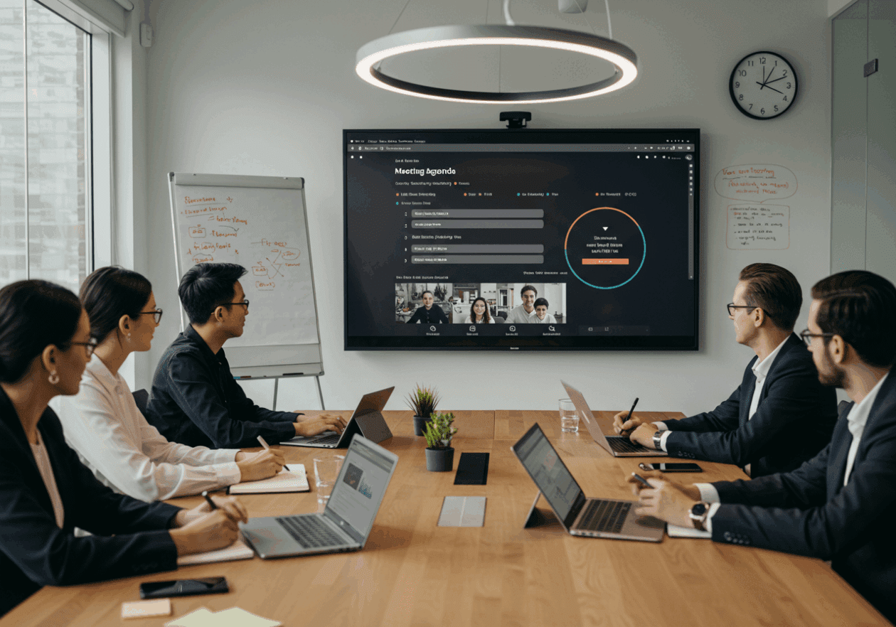 A diverse group of professionals in a modern conference room actively participating in a virtual meeting. The large screen displays a digital meeting agenda, while participants take notes on laptops and tablets. A whiteboard with brainstorming notes and a wall clock highlighting time efficiency are visible in the well-lit office.