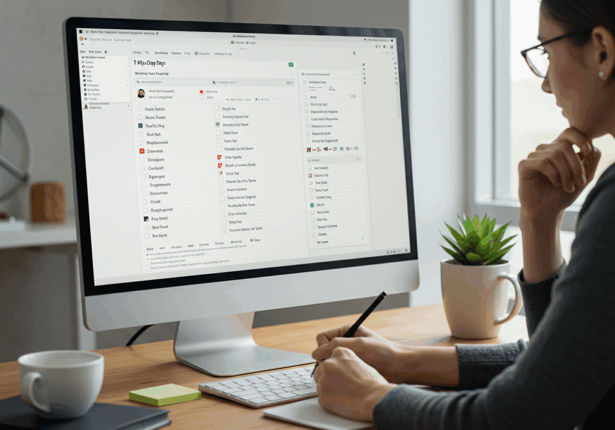 A desktop setup highlighting the Microsoft To Do 'My Day' feature on the screen, displaying an organized task list. A person is writing on a notepad beside the computer, creating a productive environment with a cup of coffee and a plant nearby.