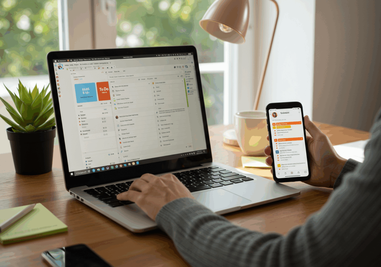 A person working at a desk with a laptop displaying Microsoft To Do and a smartphone showing Todoist, surrounded by a plant and a cup of coffee, in a well-lit room.