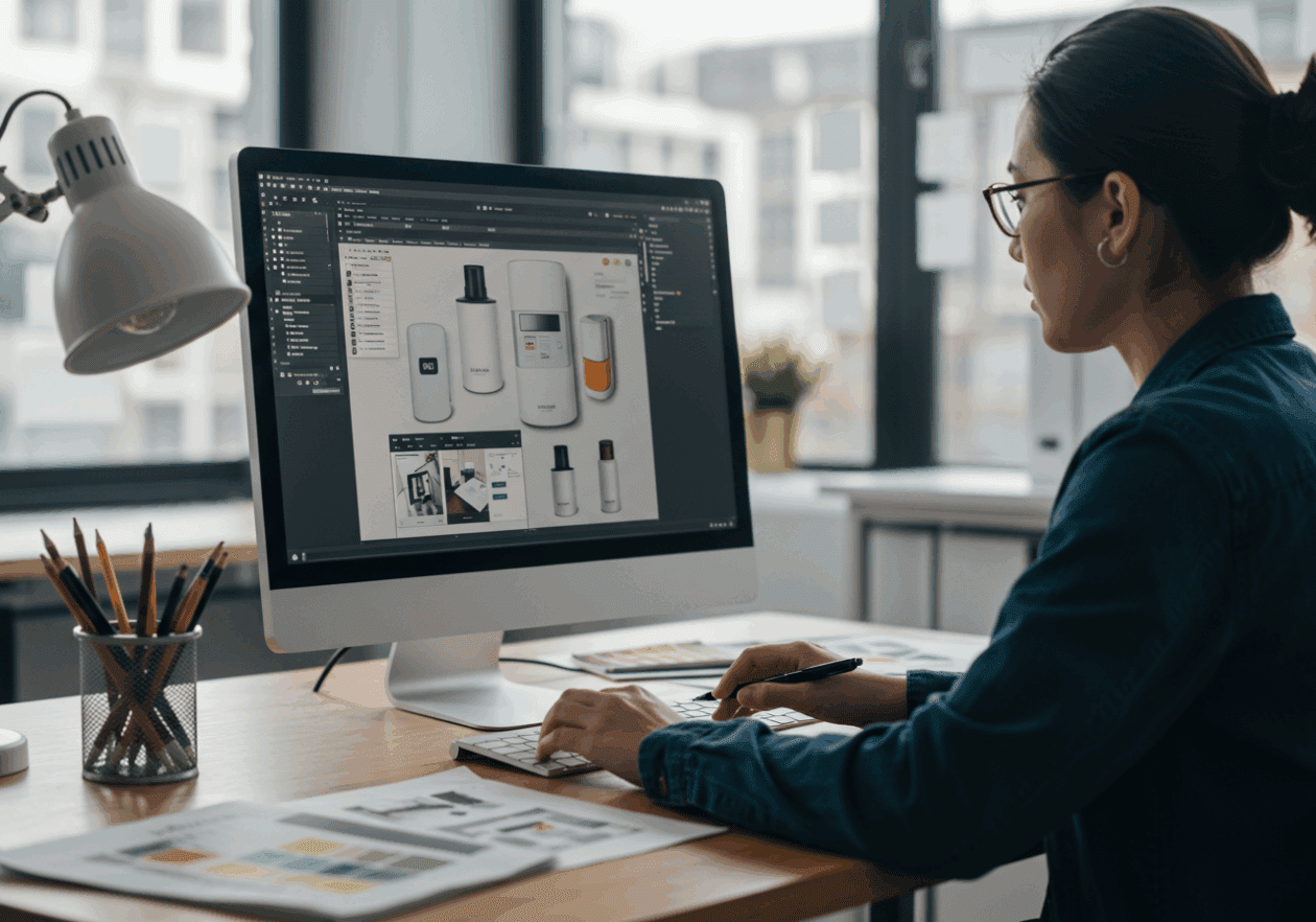 A designer in a contemporary office setting is intently focused on their computer screen where they are creating realistic product mockups. The workspace is organized and well-lit, with product images and design tools visible, capturing a moment of creative development.