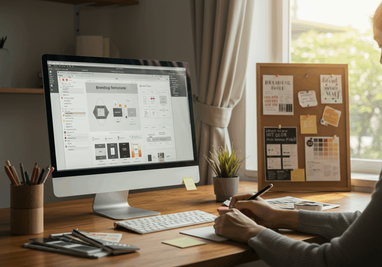 A professional workspace showcasing a person engaged in crafting consistent branding materials with a computer displaying a logo design in Canva, surrounded by color swatches, a notepad, and inspirational branding references pinned on a wall, all bathed in warm sunlight.