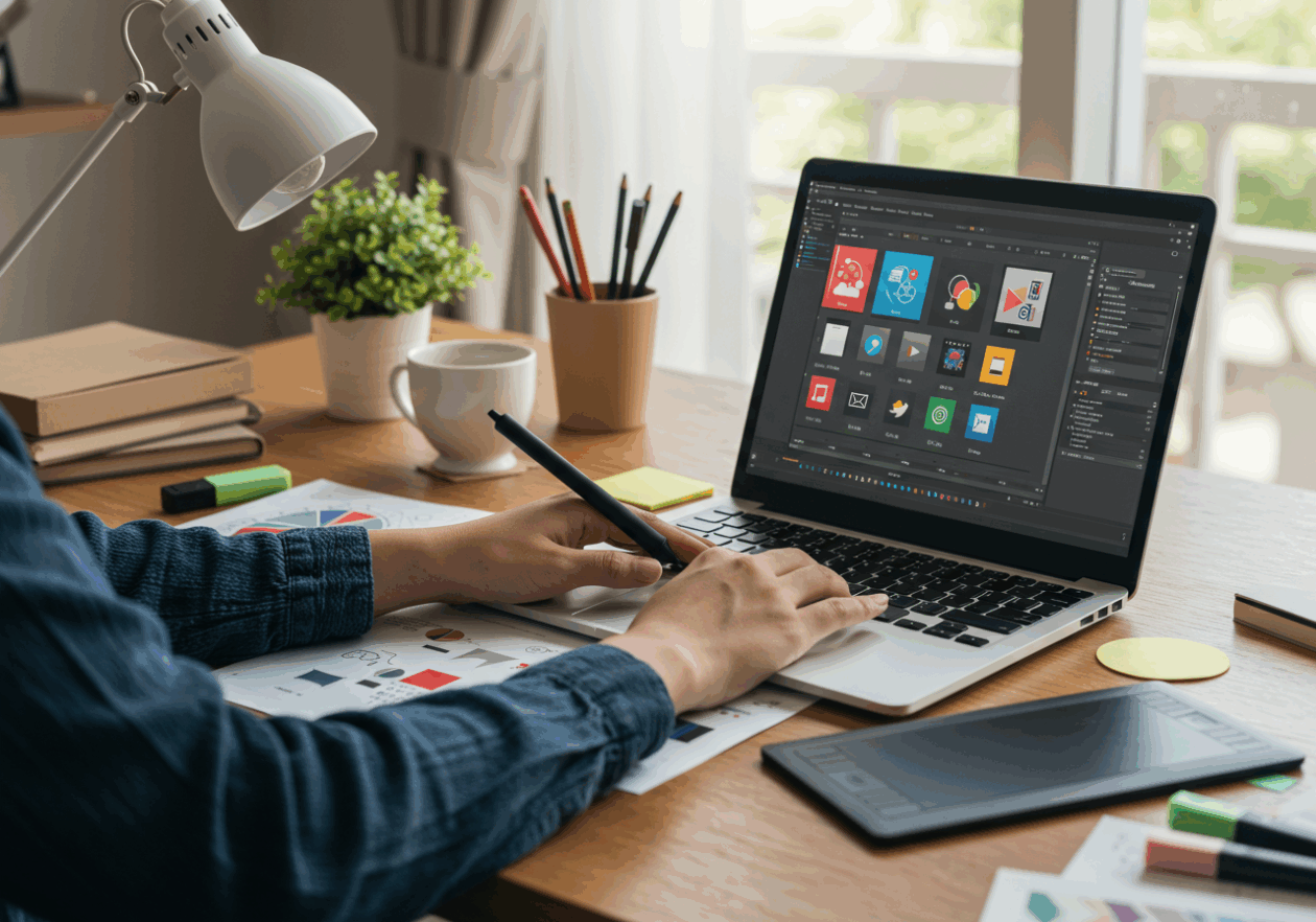 A person working at a desk, designing flat icons on a laptop. The screen displays colorful icons in a design application, while graphic design tools like a tablet, markers, and sketchbooks are scattered around. Bright natural light enters from a window, and a small plant adds freshness to the workspace.