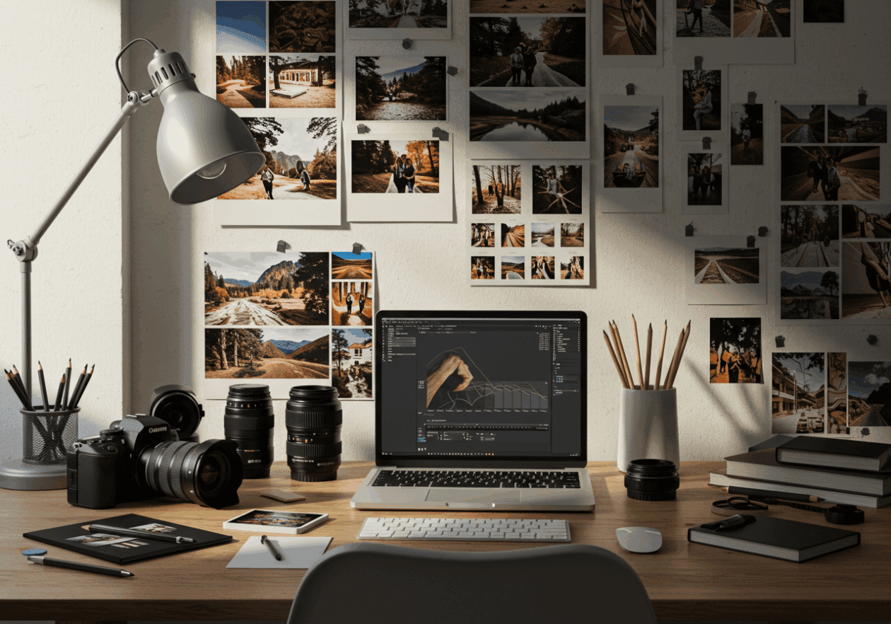 A cluttered desk with a camera, laptop showing editing software, and printed photos pinned on a wall, illustrating the process of creating a cohesive photo series with natural light illuminating the scene.