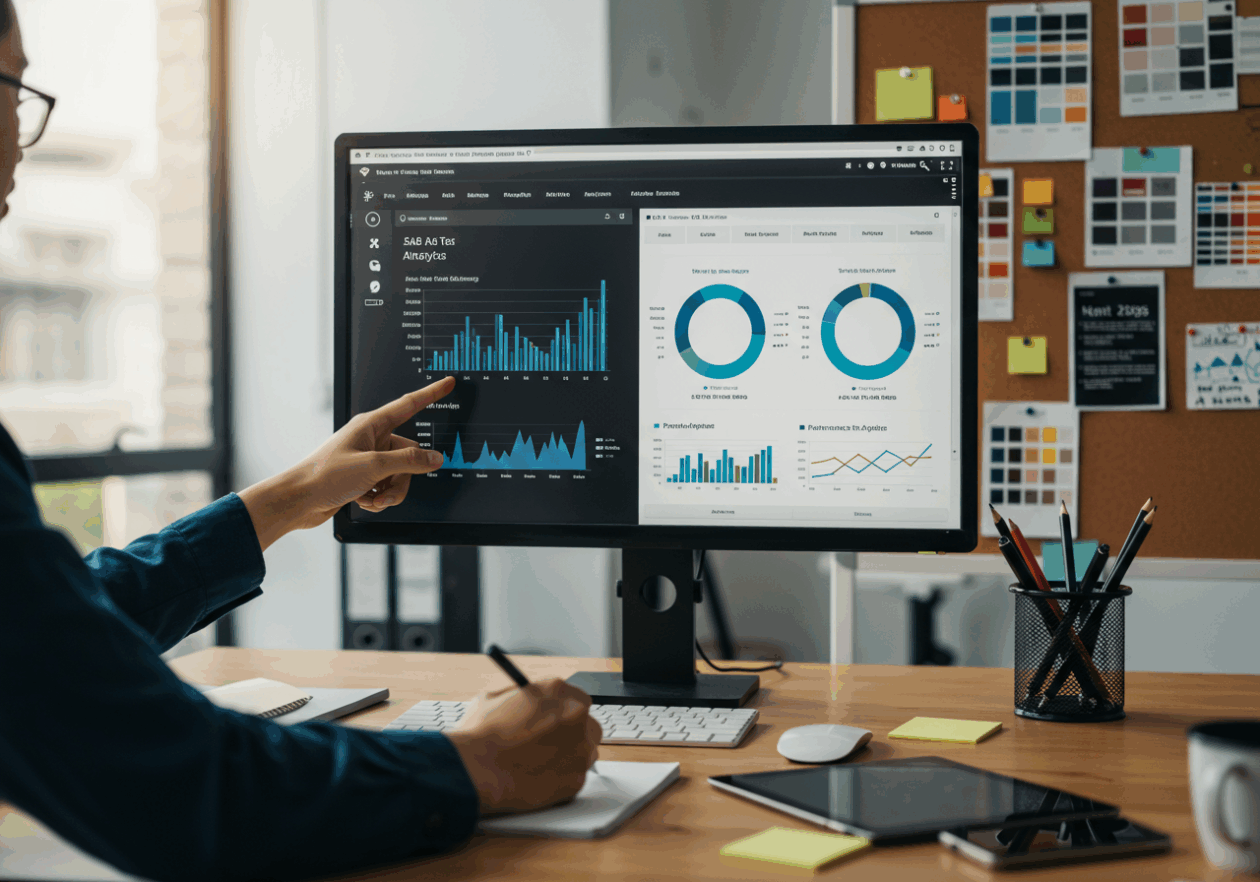 A person in a modern office setting is pointing at a large screen displaying A&B test analysis metrics, with graphs showing performance data for two design prototypes. The workspace is bright and airy, featuring colorful mood boards in the background.