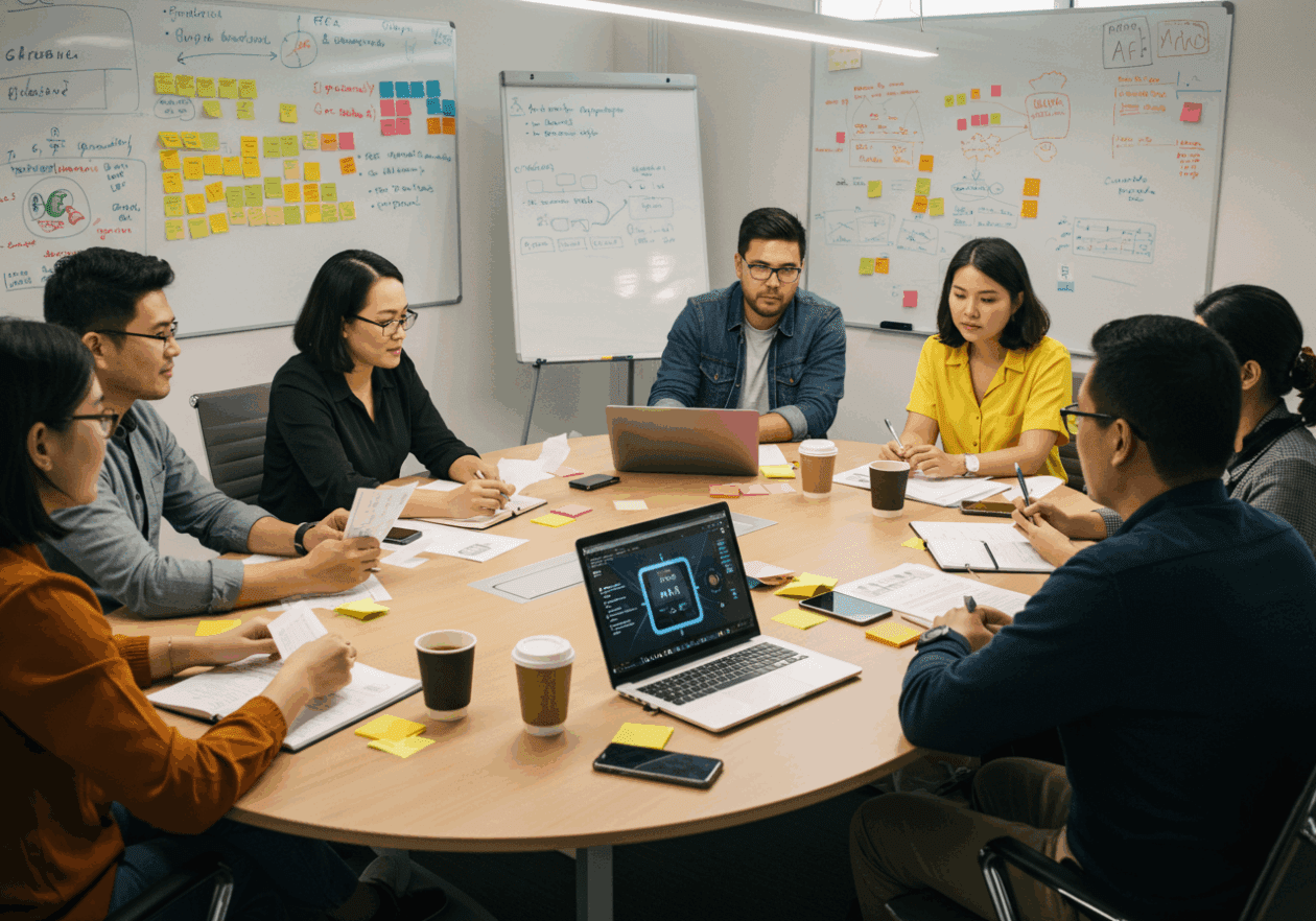 A diverse group of professionals gathered in a bright meeting room, collaboratively brainstorming using Miro AI on a laptop, surrounded by whiteboards filled with colorful sticky notes and diagrams.