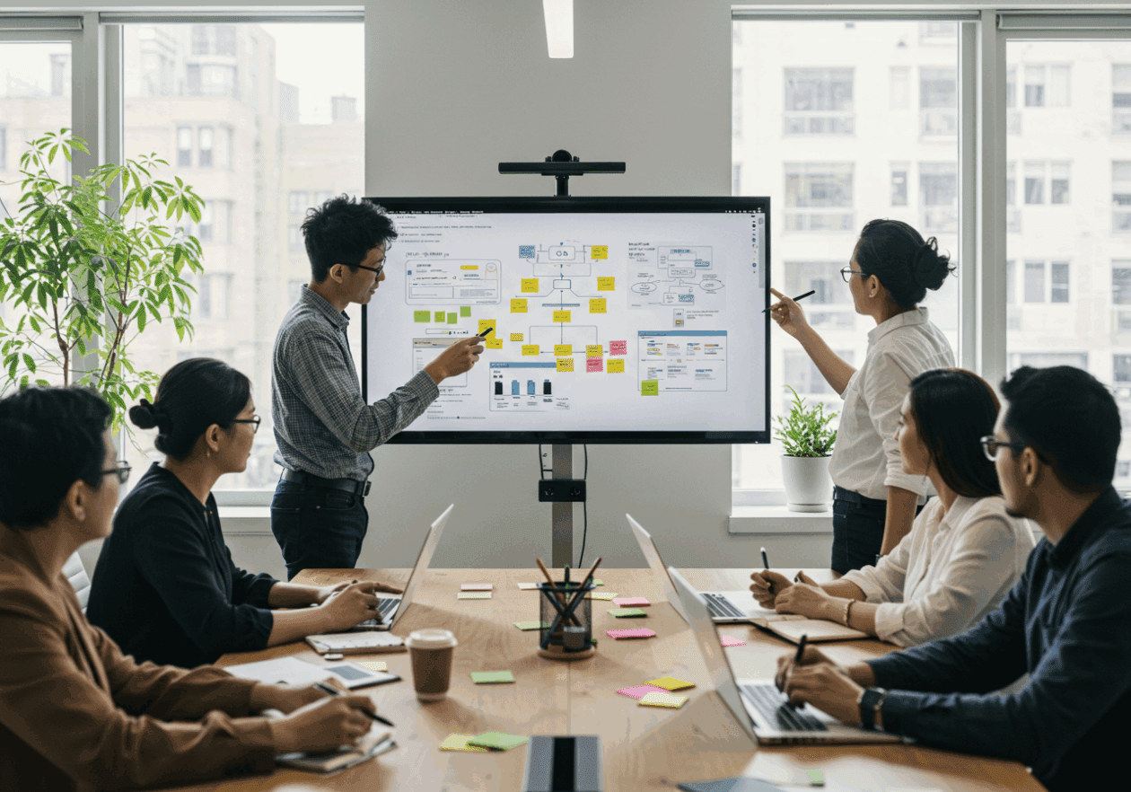 A diverse team of professionals collaborates around a conference table, with a colorful Miro board displayed on a screen. One team member points at the board while another takes notes on a laptop, in a bright, modern meeting room.