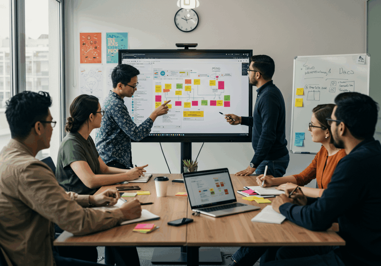 A diverse group of professionals collaborating in a bright conference room, using Miro on a laptop and large screen showing a vibrant digital whiteboard filled with sticky notes. One person points at the screen while others write notes and discuss ideas, embodying the energy of a productive brainstorming session.