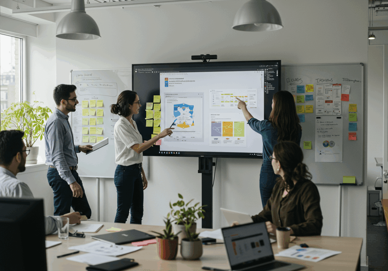 In a modern office, a diverse team collaborates around a large screen showcasing Miro templates. One individual customizes a board on a laptop while another points at the screen, surrounded by colorful sticky notes and diagrams, highlighting the process of setting up rapid Miro boards.