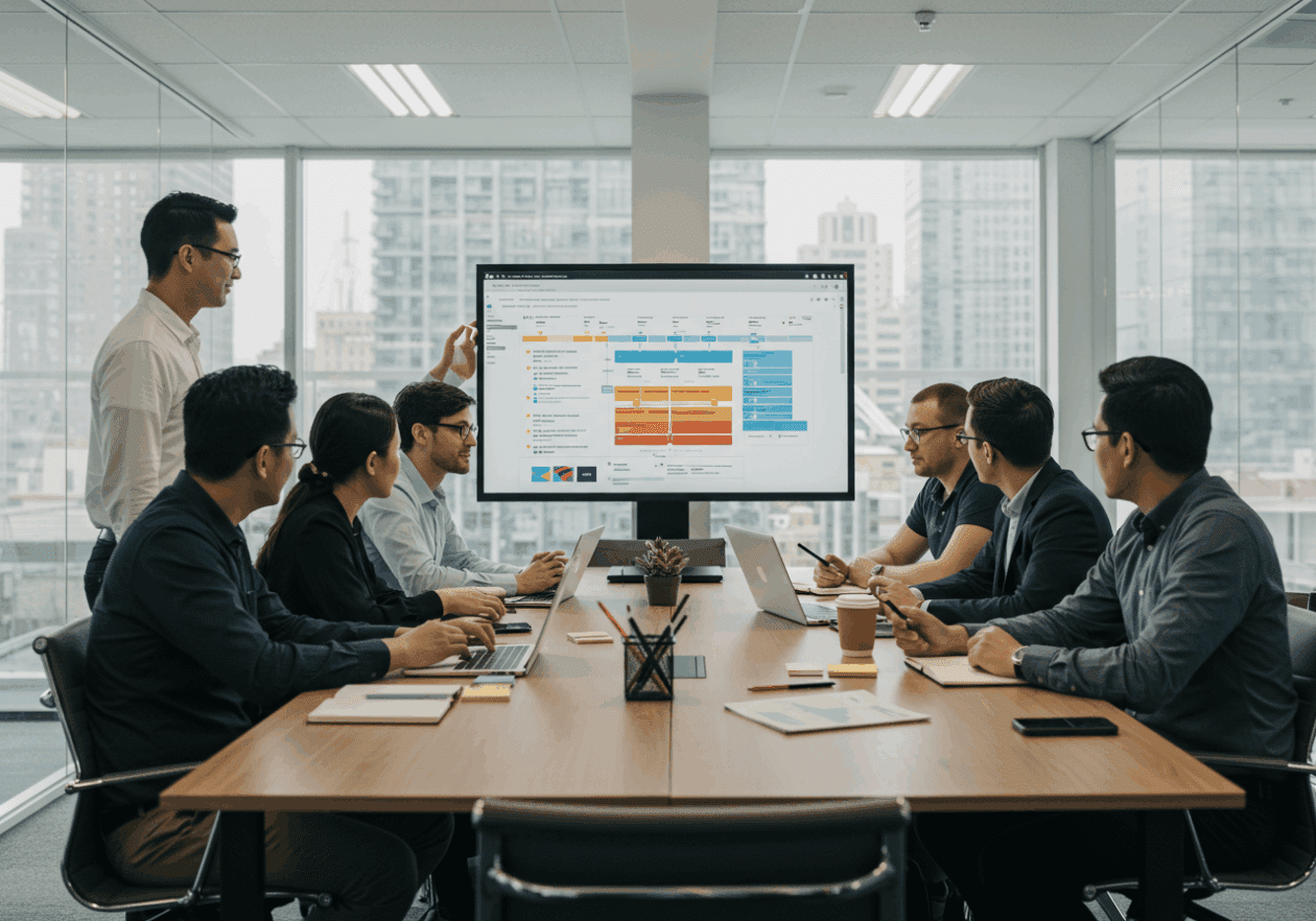 A multi-ethnic team of agency professionals collaborating around a conference table, discussing a project management process. They are engaged in conversation with laptops and notes in front of them, while a digital display behind them shows project timelines. Bright sunlight streams through large windows, creating a dynamic and productive atmosphere.