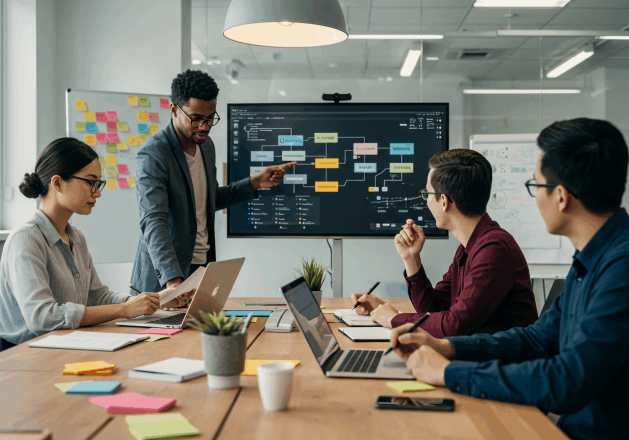A diverse team of professionals in a modern office is engaged in a multi-step review process. One woman reviews documents on her laptop at a conference table, while a colleague points to a flowchart on a screen. Another team member takes notes, and a fourth person holds a tablet indicating task progress, all contributing to a collaborative environment.