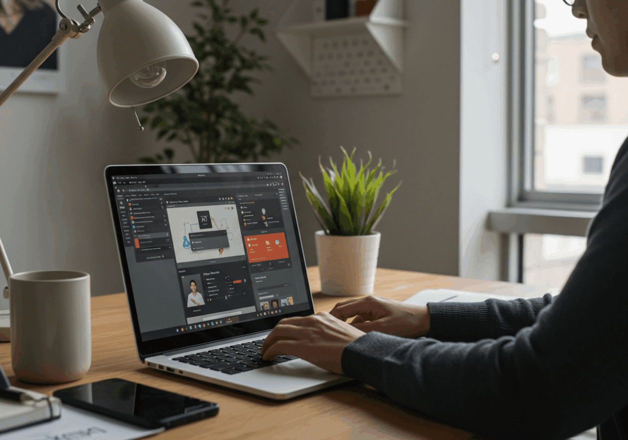 A young professional working in a modern office, using Notion AI on a laptop to create automated content. The laptop screen shows Notion's interface with editable content blocks, while sunlight brightens the workspace filled with plants and minimal decor.