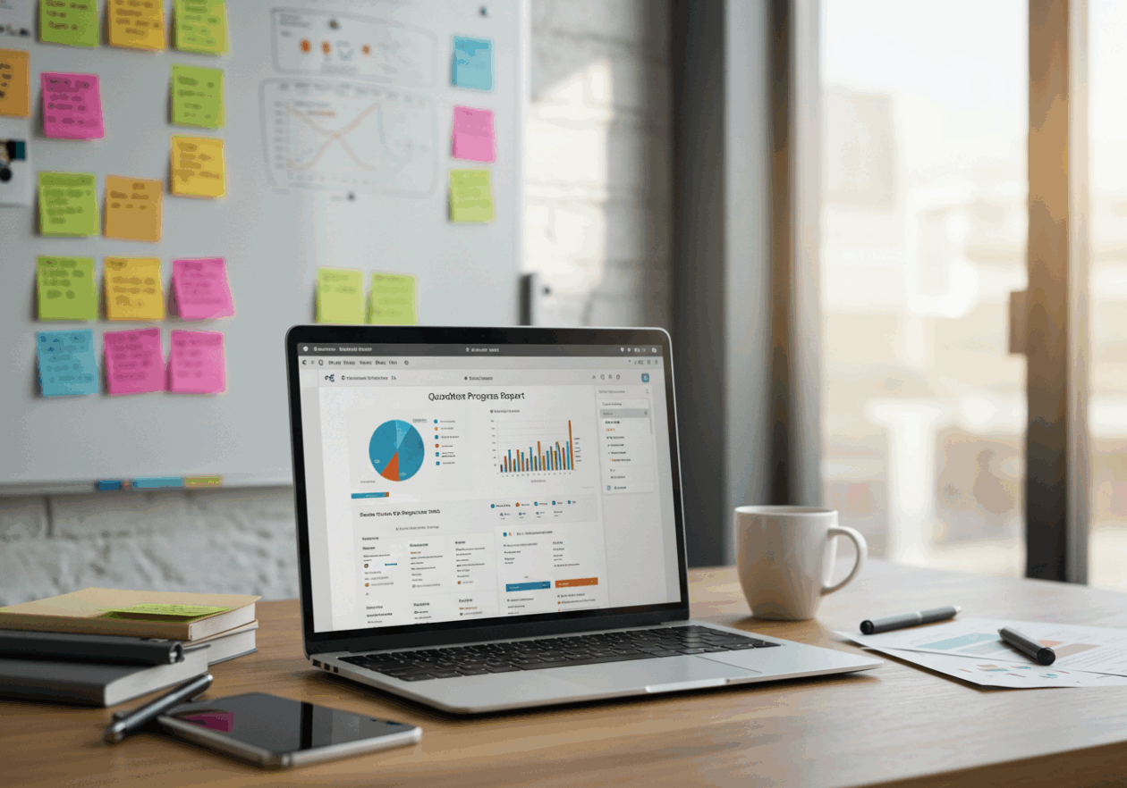 A contemporary office with an open laptop running the Notion application, highlighting a quarterly progress report. A whiteboard in the background is filled with charts and colorful post-it notes, depicting project updates. A coffee cup and stationery items are on the desk, with bright natural light coming through a window, enhancing the workplace ambiance.