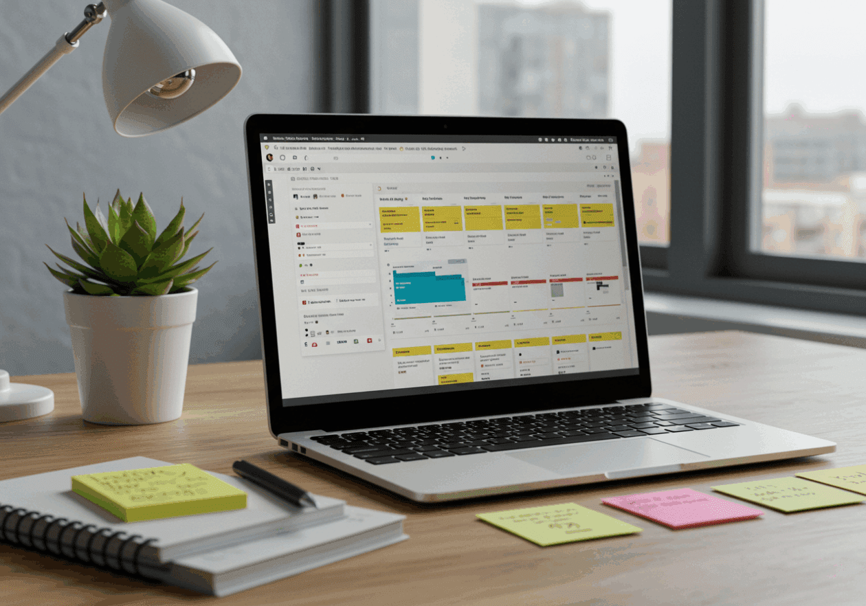 A modern office desk with a laptop showing Notion's linked databases for project management. There are sticky notes and a notepad on the desk, and sunlight streams through a window, enhancing the workspace's bright and organized feel.