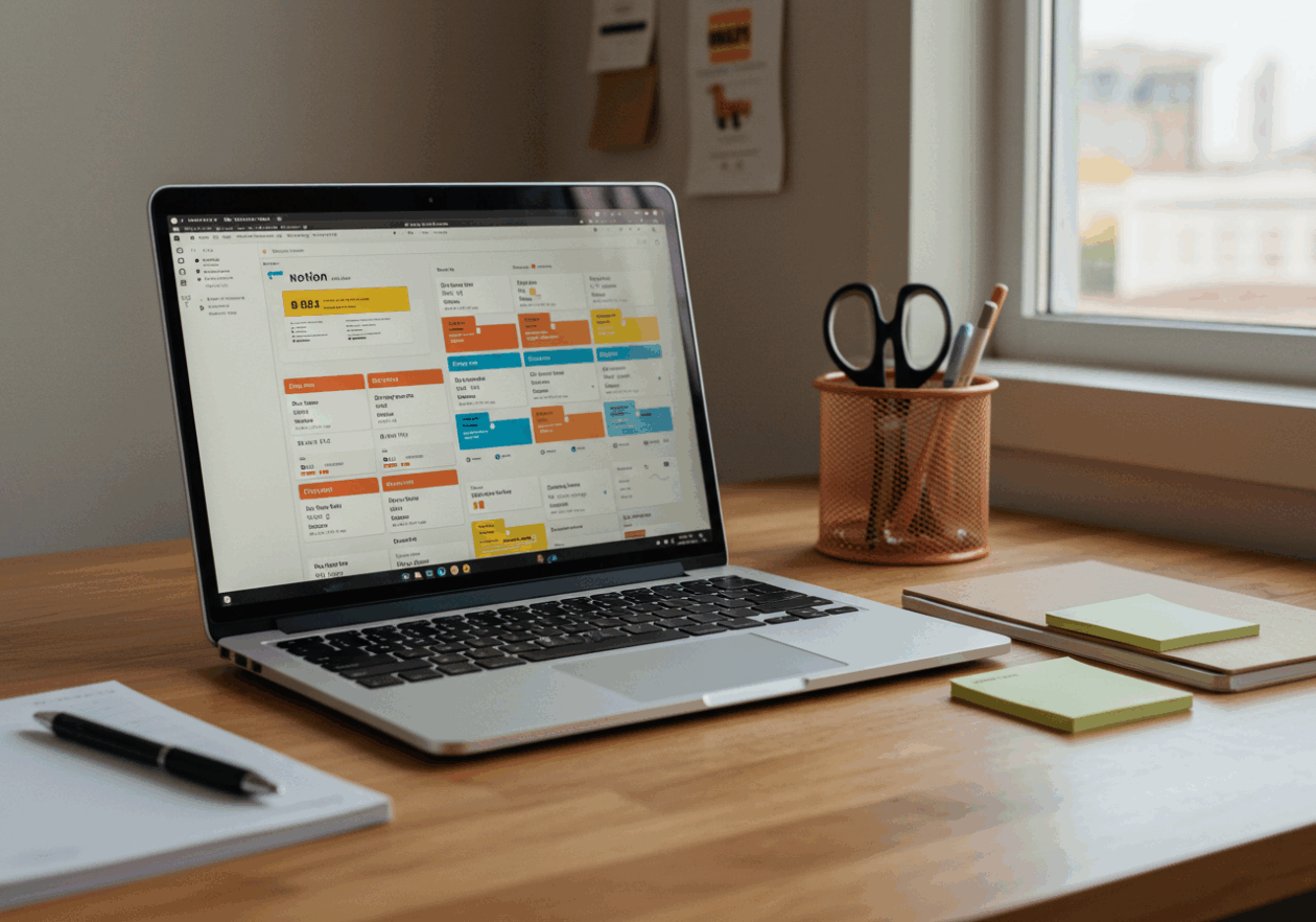 A modern office desk with a laptop open to a Notion project board featuring vibrant task cards and deadlines, complemented by a notepad and a pen, all bathed in warm natural light from a nearby window.