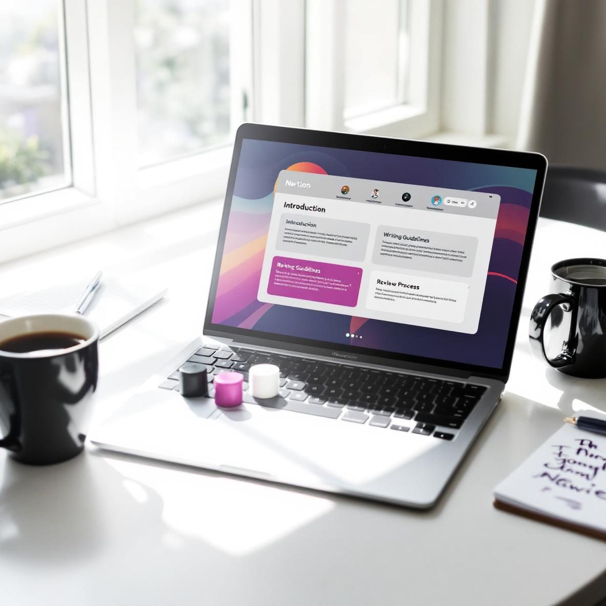 A modern workspace showcasing a laptop displaying a Notion onboarding template for new writers, with sections on writing guidelines and review processes, alongside a coffee cup and a notepad, all bathed in natural sunlight.