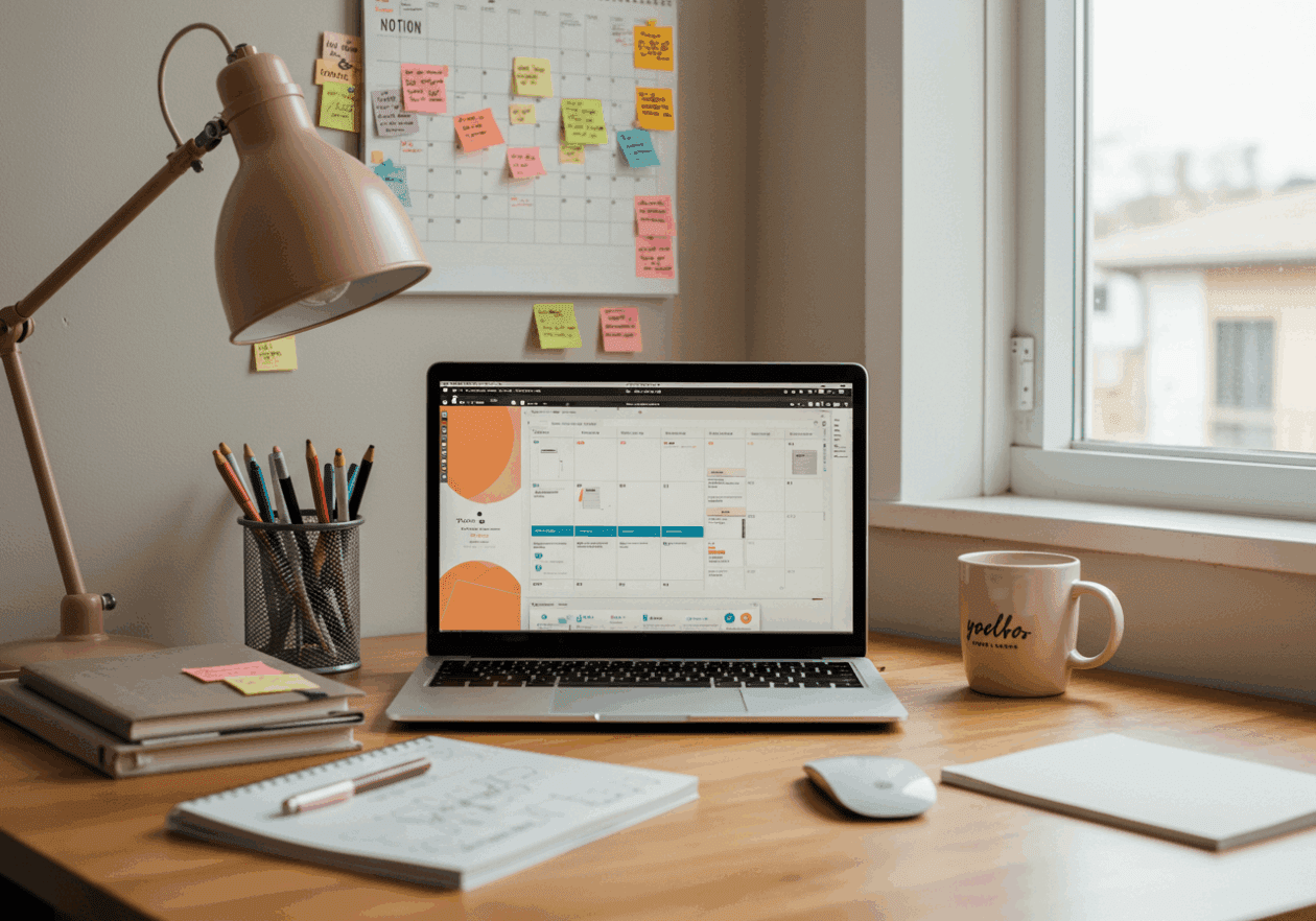 A modern home office with a laptop open to a Notion template for weekly scheduling, surrounded by stationery, a planner, and a coffee mug, with natural light coming in from a window and a wall calendar in the background.