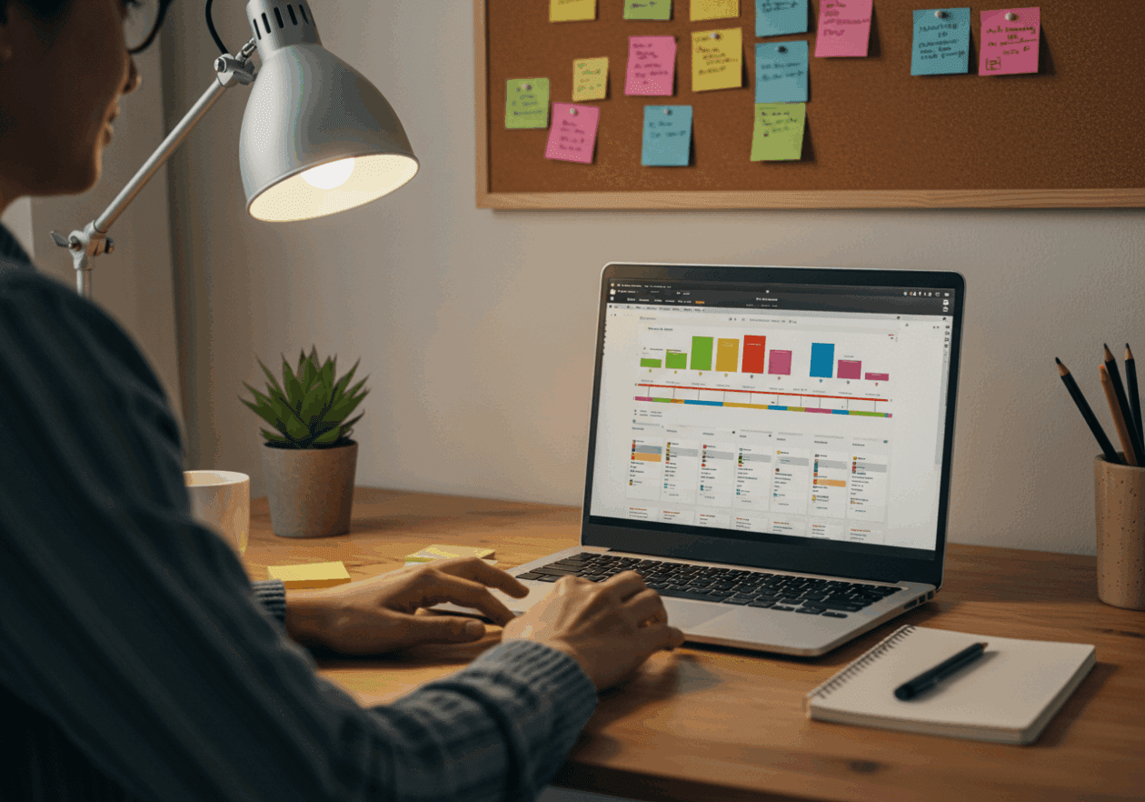 A person in a bright home office reviewing a Notion timeline view on their laptop. The screen shows a detailed project timeline with colorful milestones, while a corkboard in the background is adorned with sticky notes and planning materials, emphasizing a productive workspace.