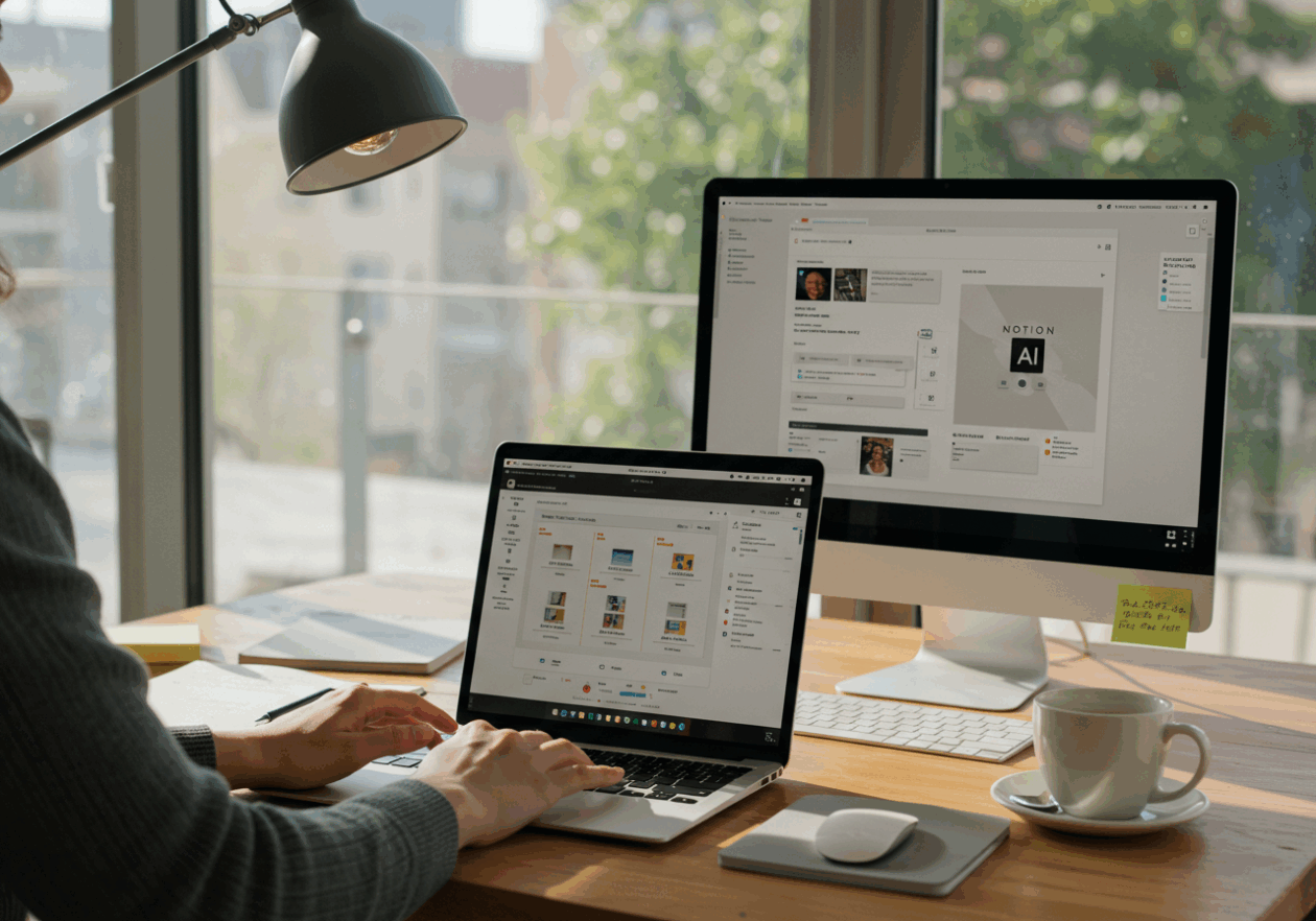 A person working in a modern office, using a laptop with the Notion app open to a blog post outline, while Notion AI suggests edits on a second screen. A notepad with notes and a cup of coffee sit nearby, and a sunny outdoor view is visible through the window.
