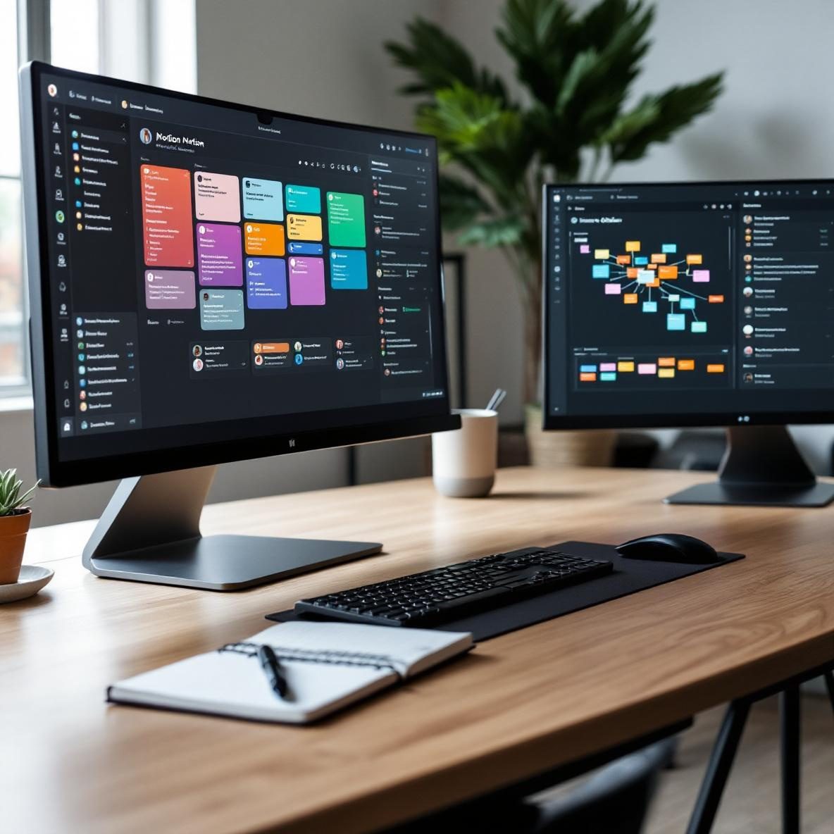 A modern office desk with two computer screens showing Notion and Obsidian. Notion displays colorful databases and notes on one screen, while Obsidian shows a graph view of interconnected notes on the other. A notebook and pen are on the desk, with a potted plant in the background.