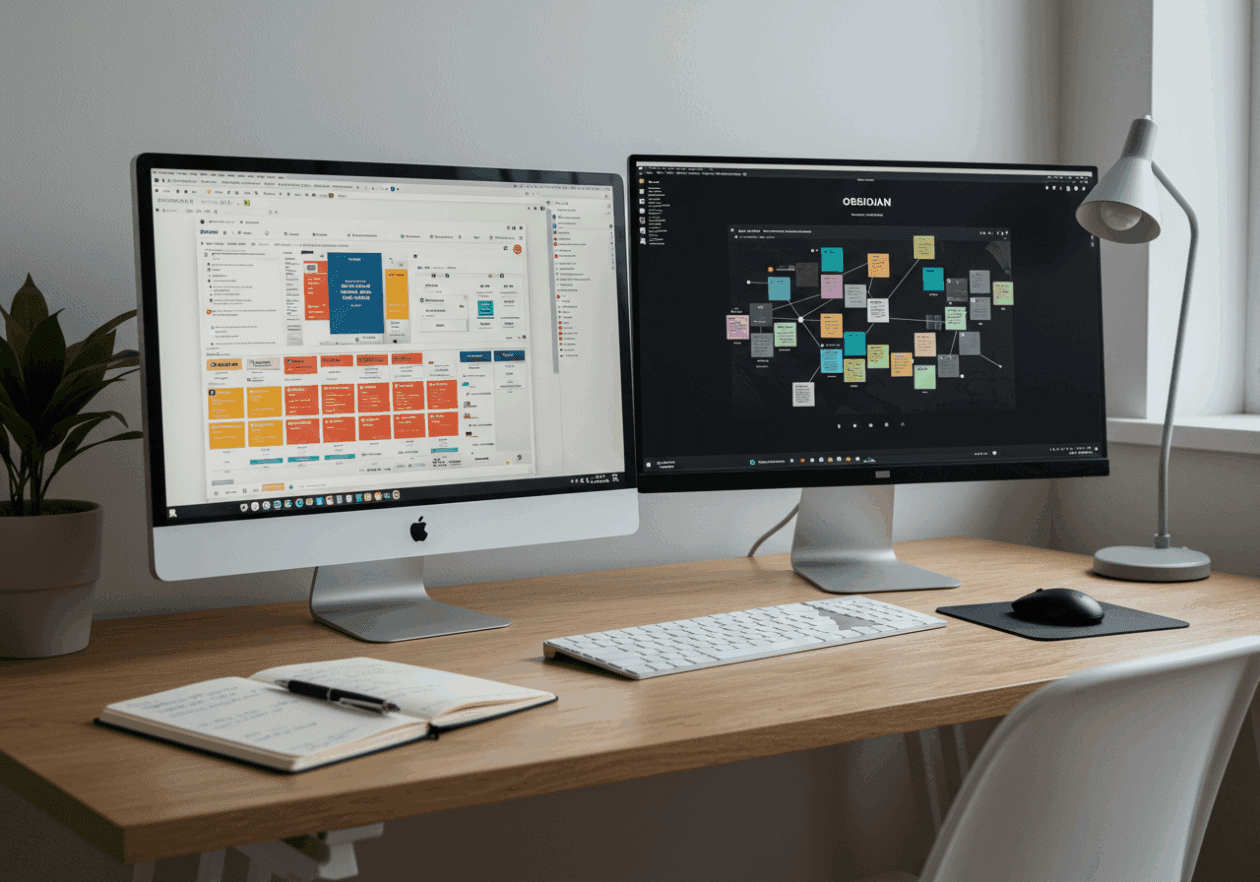 A modern desk setup with two computer screens displaying Notion and Obsidian for knowledge management. One screen shows vibrant organization boards on Notion, while the other features the dark interface of Obsidian with interconnected notes. A notebook and pen are placed beside the monitors, creating a blend of digital and traditional note-taking tools in a well-lit, minimalist workspace.