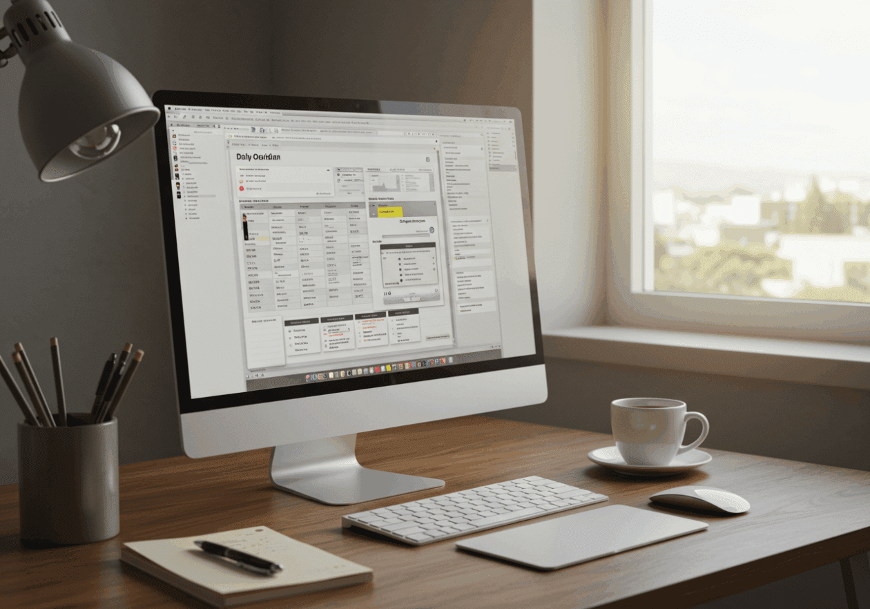 A workstation with a computer screen showcasing Obsidian daily notes on a tidy desk. The scene includes a notepad, a pen, and a coffee cup, all under warm natural light from a nearby window.