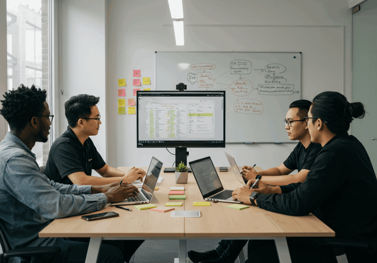 A group of diverse freelancers collaborating in a bright office, discussing a project at a conference table. Laptops are open, and a project management tool interface is visible on one screen, with sticky notes and diagrams on the table and a whiteboard in the background.