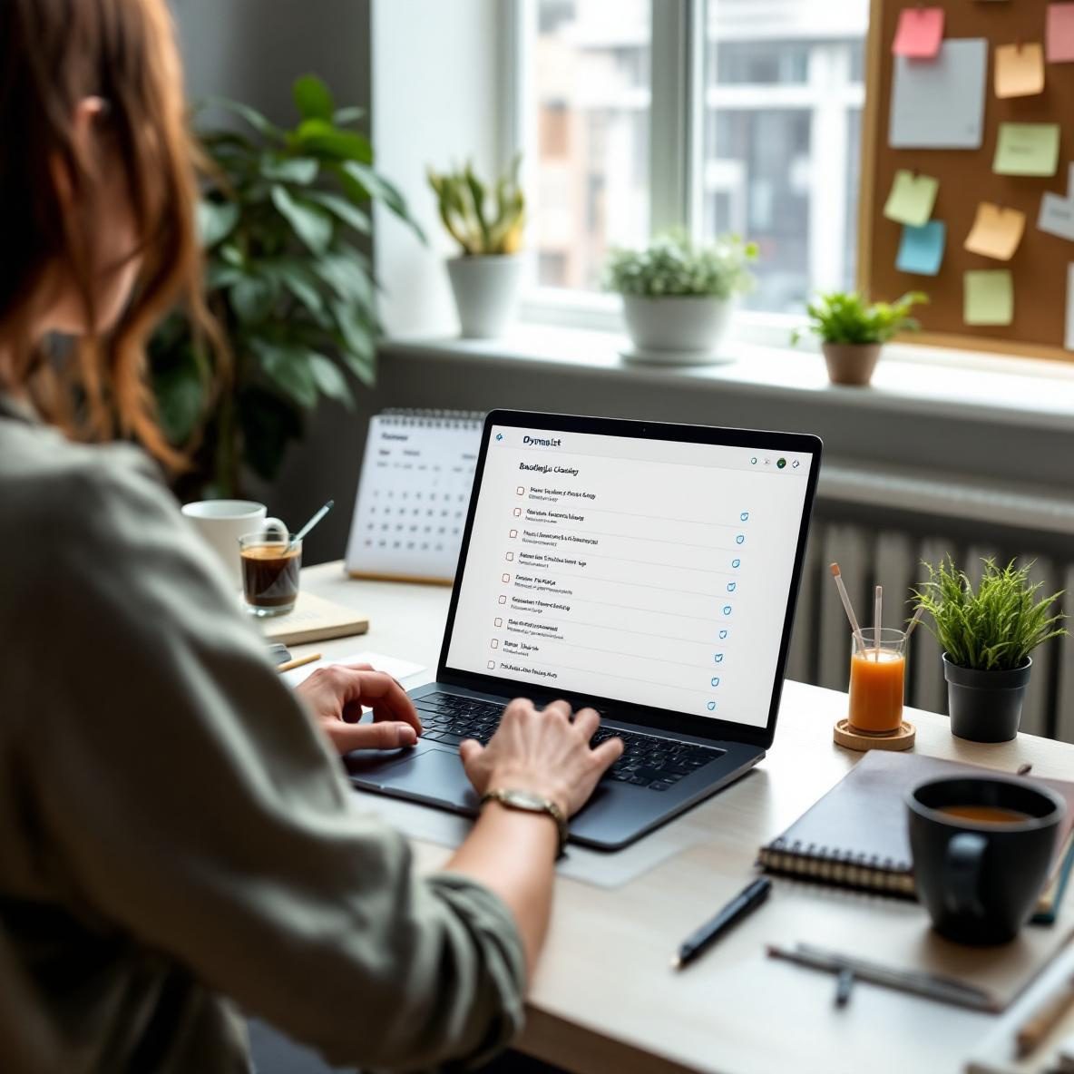 A person working at a modern desk in a bright office, using a laptop to organize and clean up tasks on the Dynalist application. The scene features an organized workspace with plants, a calendar, and notes, capturing the essence of productivity.