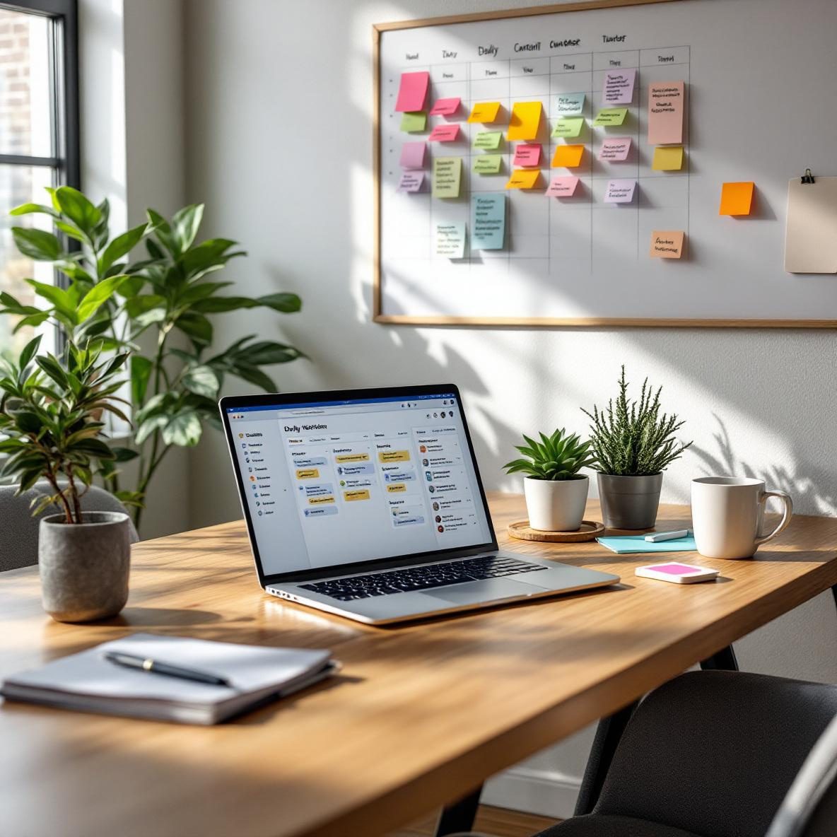 A contemporary office setup with a wooden desk containing a laptop displaying the Sunsama app. The desk has colorful sticky notes, a planner, and a green plant. A whiteboard on the wall shows a content calendar. The scene is brightened by natural light coming from a window, creating a conducive workspace for content planning.