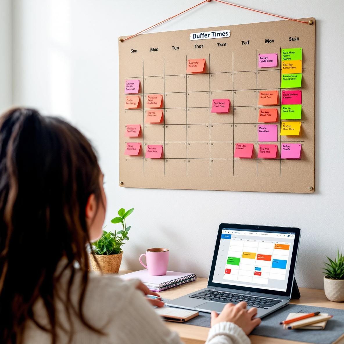 A serene workspace with a wall calendar highlighting scheduled buffer times. A laptop shows an open Google Calendar with colorful slots for breaks. A relaxed person reviews their schedule, surrounded by greenery and stationery, symbolizing effective planning to prevent burnout.