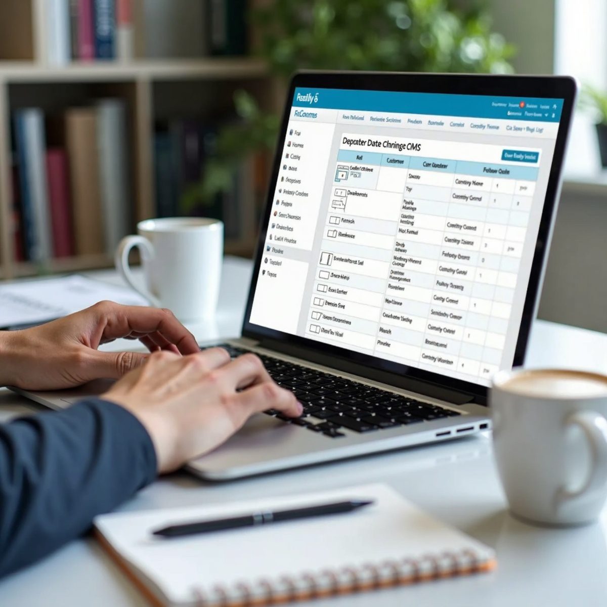 A person typing on a laptop displaying a CRM interface filled with customer notes and follow-up tasks. Nearby, a notepad with handwritten notes and a coffee cup can be seen, indicating a busy work scene in a modern office.