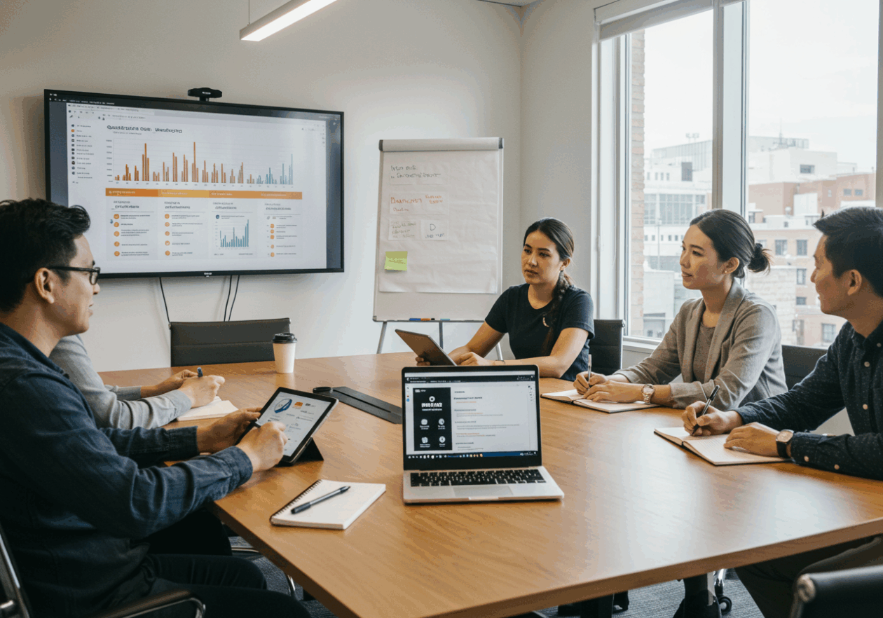 A conference room filled with a business team brainstorming and discussing quarterly goals, with a digital tablet and a laptop showing the Trello platform, amidst notes and charts displayed on a large screen.