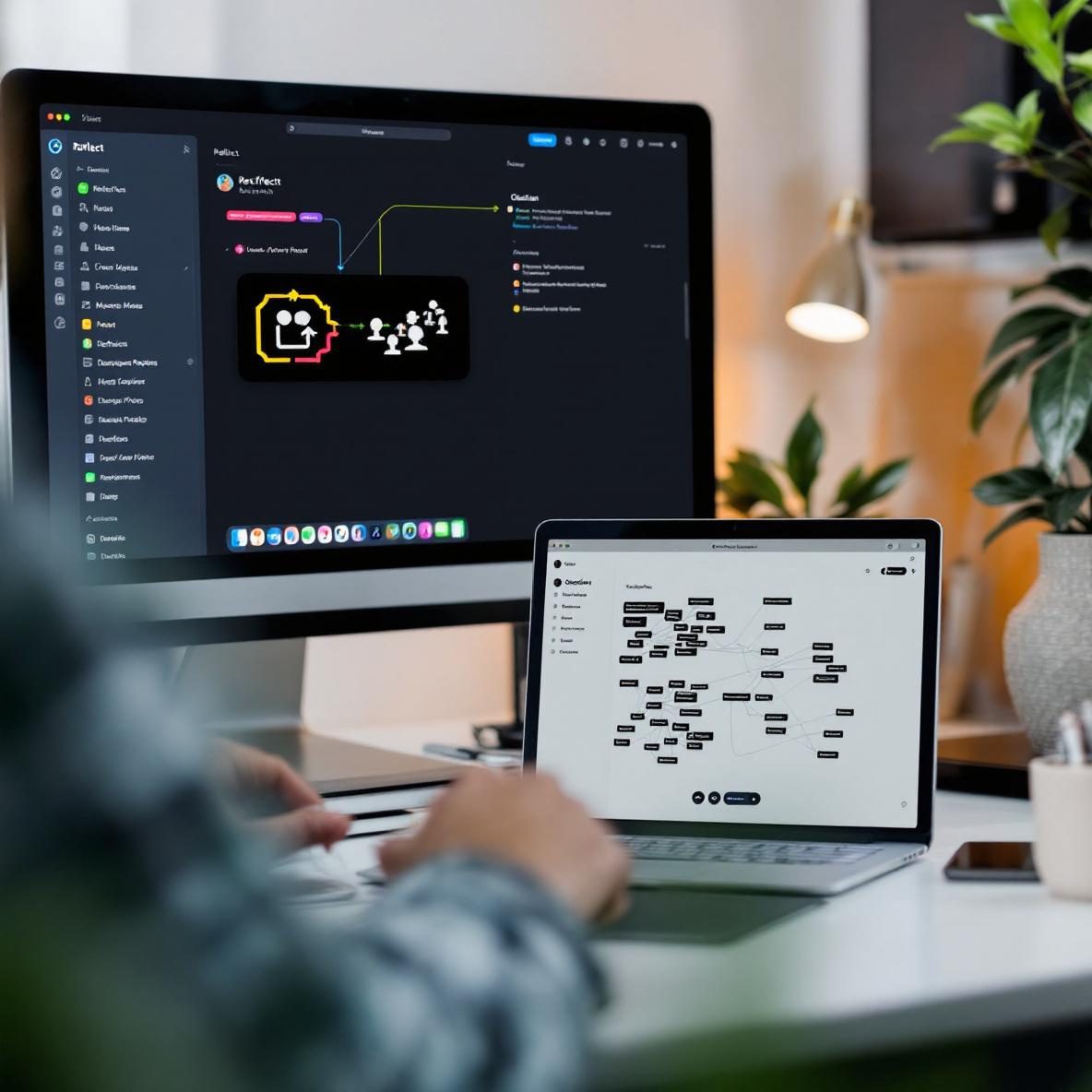 A cozy home office with a split-screen showing Reflect and Obsidian note-taking applications. On the left, a user is organizing notes in Reflect with colorful links, while the right side features Obsidian's graph view of interconnected notes, highlighting a productive workspace.