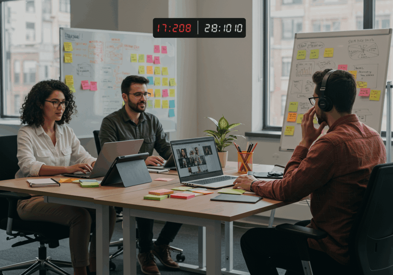A diverse group of remote team members collaborating in an office setting, with two individuals focused on a Zoom call, their laptops open. The workspace is lively, decorated with sticky notes and a whiteboard filled with ideas, signifying a productive virtual meeting environment with natural light filtering in through a large window.