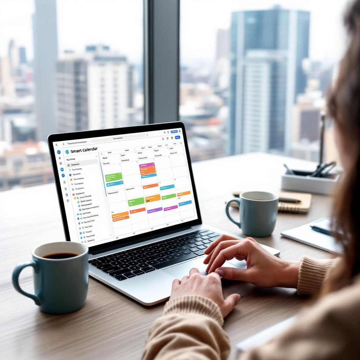 An office scene with a person reviewing their weekly schedule using Reclaim's Smart Calendar on a laptop. The desk is well-organized with a coffee mug and a notepad, while a city skyline is visible through a large window, indicating a productive work setting.