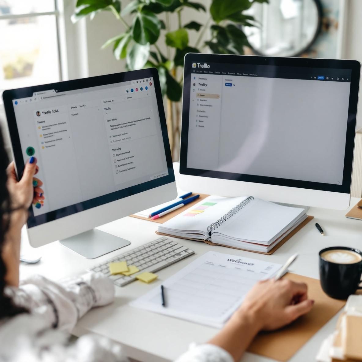 A person focused on a computer screen that shows Trello, while reviewing their weekly tasks. The desk is tidy with a planner, sticky notes, and a coffee cup, creating a productive workspace atmosphere.