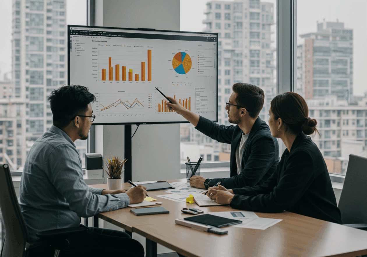 A small business team discussing risk management strategies in a modern office. A large screen displays data analytics and graphs while team members actively engage, taking notes and pointing at the information.