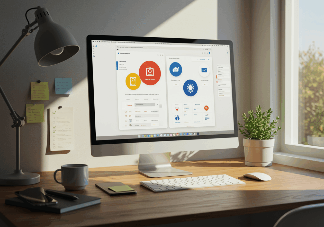 A bright and organized modern workspace with a computer monitor displaying a productivity app, featuring task automation elements, alongside a smartphone, notepad, coffee cup, and a plant, representing a routine for automating morning workflows.