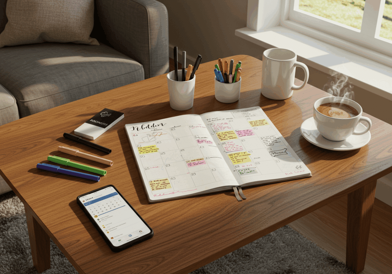 A warm living room with a planner open at a weekly schedule, surrounded by colorful pens, a smartphone displaying a calendar, and a cup of coffee. A cozy armchair and a window allowing natural light complete the scene, emphasizing daily habits and productivity.