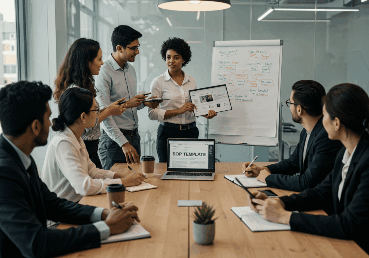 A diverse team of HR professionals in a modern office setting engaged in a discussion around a SOP template for onboarding new hires, focused on a laptop screen with notes visible on a conference table.