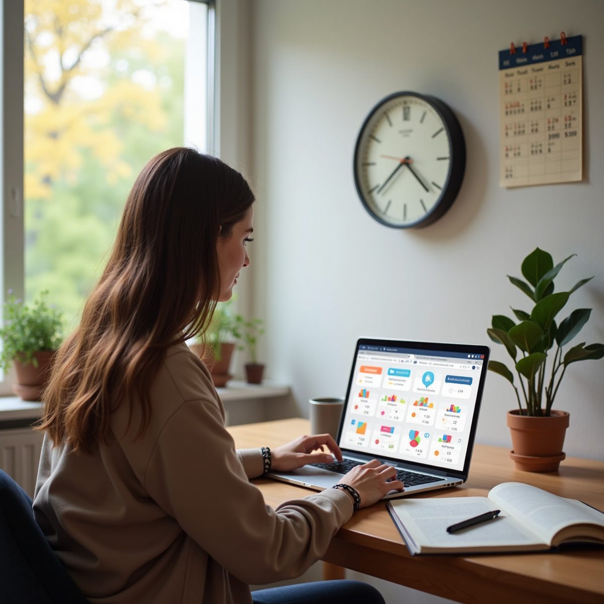 A young woman working in a bright home office, looking focused at her laptop displaying the Loop Habit Tracker app. The room features a clock with scheduled break times, a calendar on the wall, and plants on the window sill, creating a peaceful environment conducive to preventing burnout.
