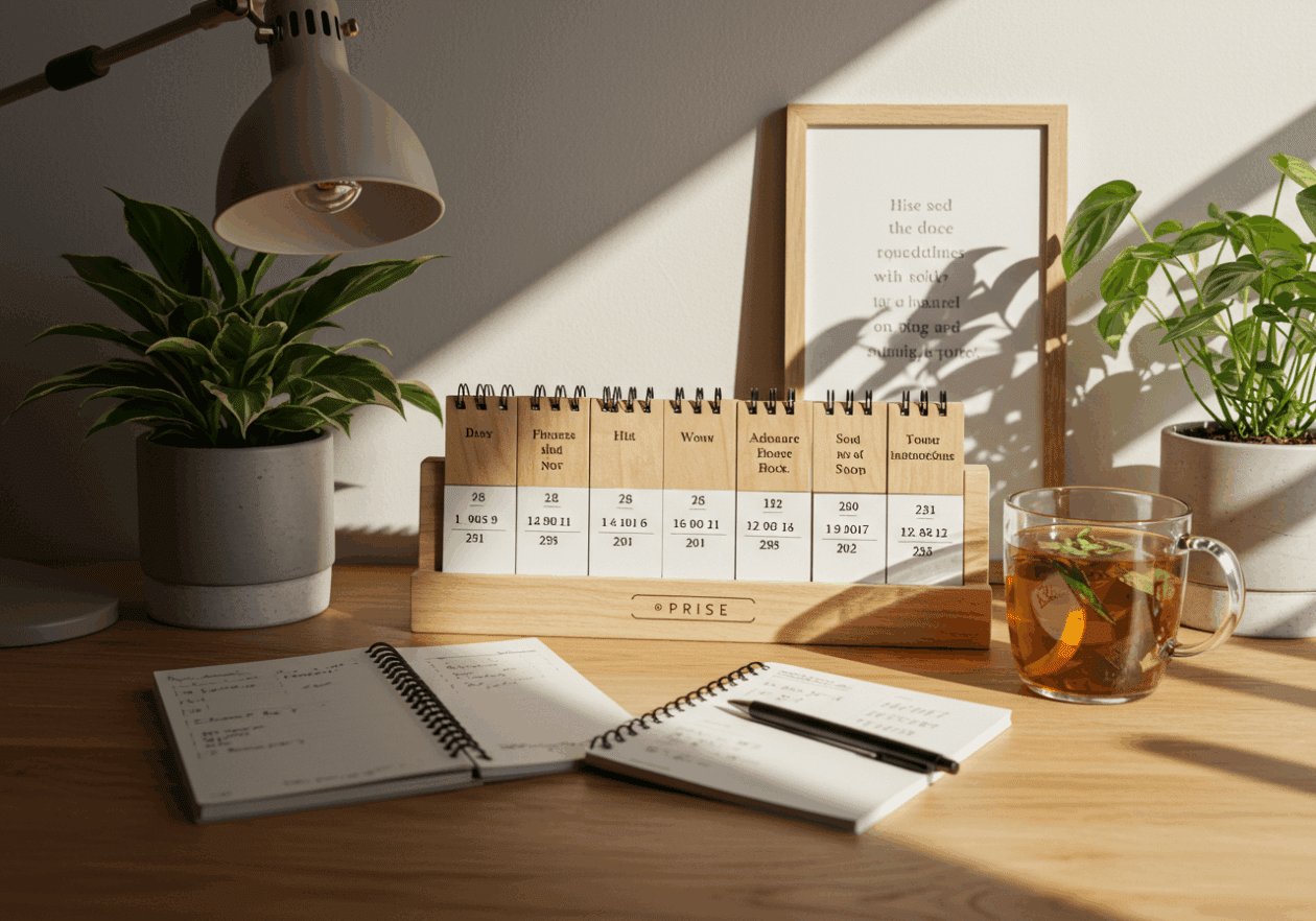 A home office with a wooden desk showcasing Rise Calendar Blocks displaying motivational daily intentions. A notepad, pen, and a cup of herbal tea rest on the desk, while potted plants and a framed motivational quote enhance the warm, inviting ambiance.