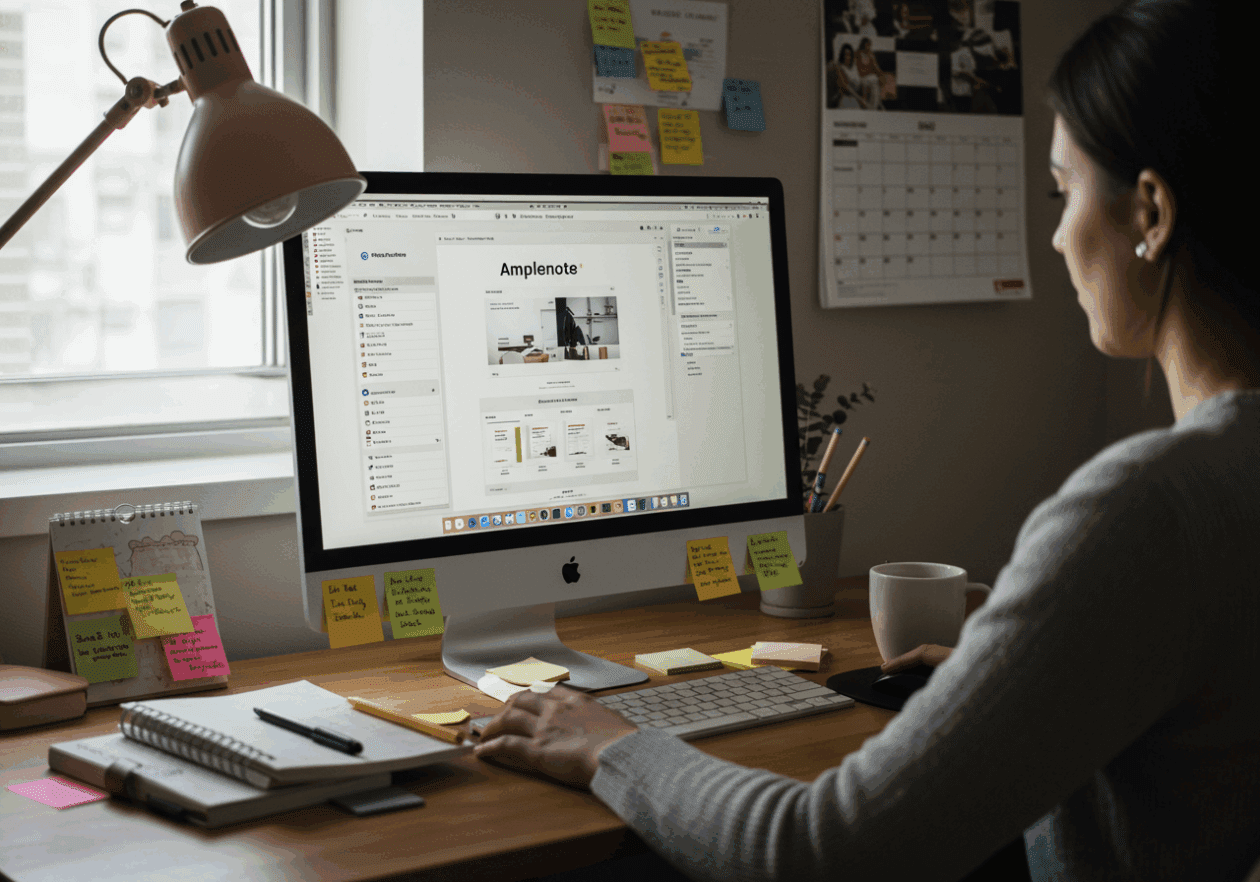 A person working at a home office desk, setting up weekly review cycles in Amplenote on a computer screen. The desk is organized with a planner, sticky notes, and a cup of coffee, while a calendar hangs on the wall, highlighting a productive workspace filled with natural light.