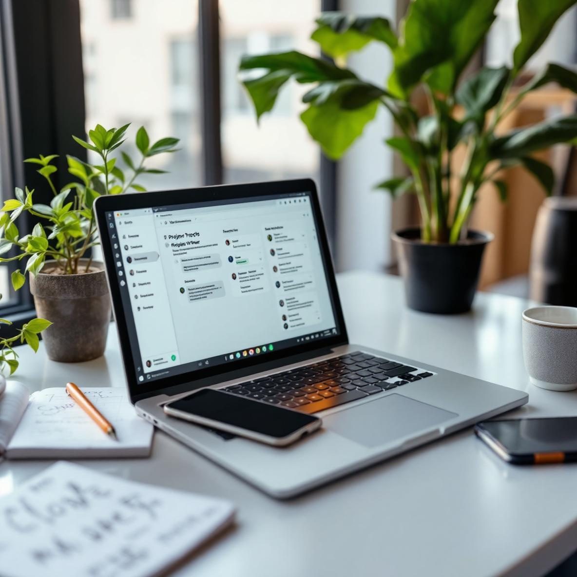 A bright home office with a desk displaying a laptop opened to a project management tool and a smartphone with the ChatGPT app, showcasing a no-code blog workflow setup. A notepad with notes and a coffee cup are present, contributing to the cozy and productive workspace.
