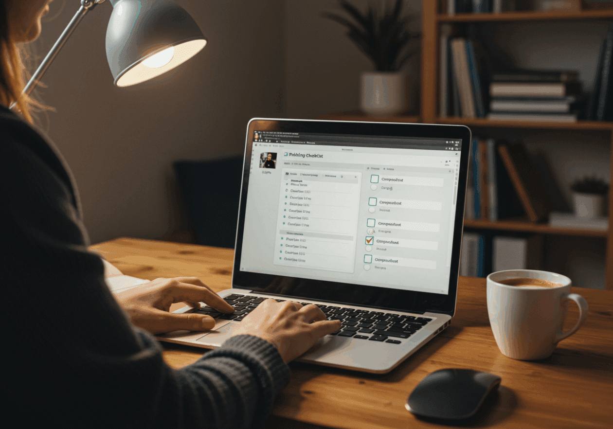 A person working on a laptop in a home office, focused on a publishing checklist in Craft, with completion toggles indicating progress. The desk is tidy with a cup of coffee and books in the background.