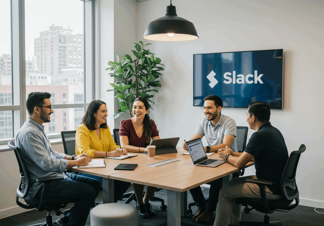 A diverse team of four people having a huddle in a bright, modern office. They are engaged in conversation while using laptops and tablets, with a Slack logo displayed on a screen in the background, showcasing a collaborative work environment.