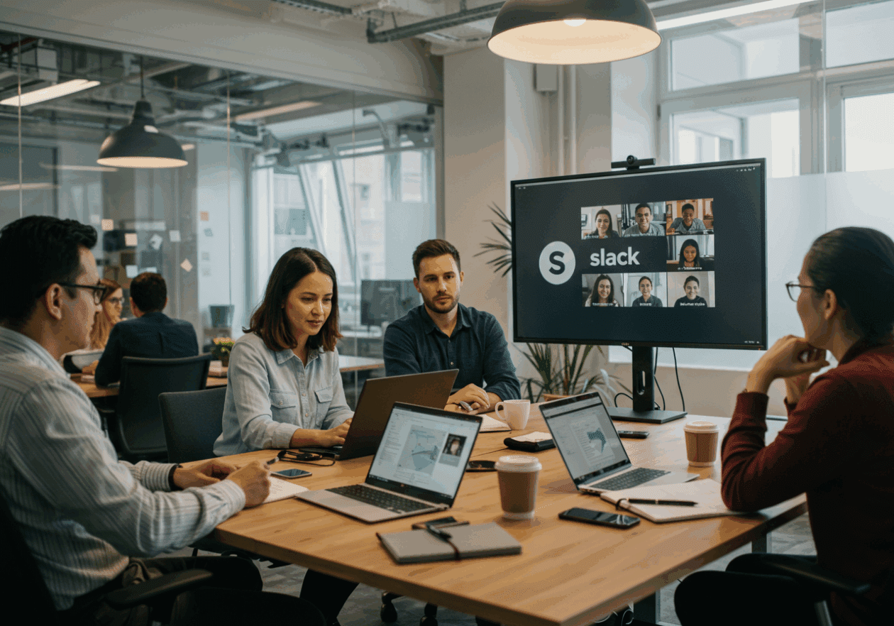 A diverse group of professionals participating in a video conference in a modern hybrid office. The large screen displays the Slack logo, while laptops, notebooks, and coffee cups are arranged on the table. In the background, some employees work at desks, and others collaborate in a meeting room, with natural light illuminating the space from large windows.