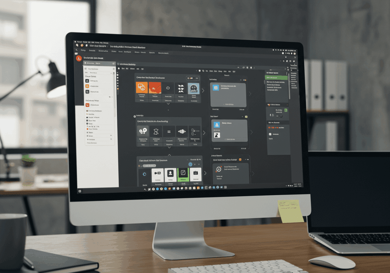 A detailed view of a computer screen showing the Slack Workflow Builder, where a user is configuring an onboarding workflow for new members. The background consists of a contemporary office with a desk and laptop, reflecting a dynamic workplace environment.