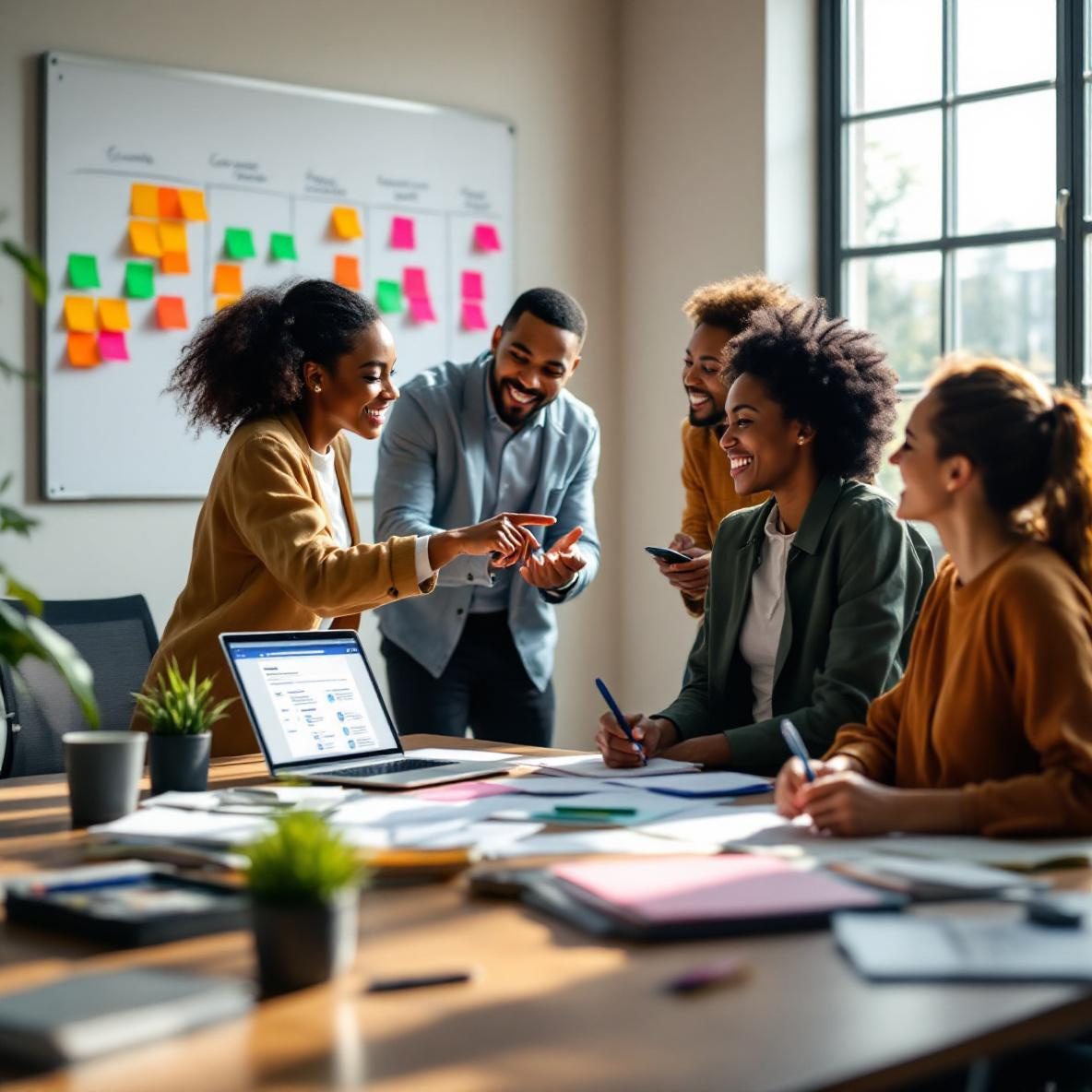 A diverse team of professionals collaborates in a bright office, gathered around a desk with a laptop open to a Google Docs template, while a whiteboard with colorful post-it notes illustrates their project planning.