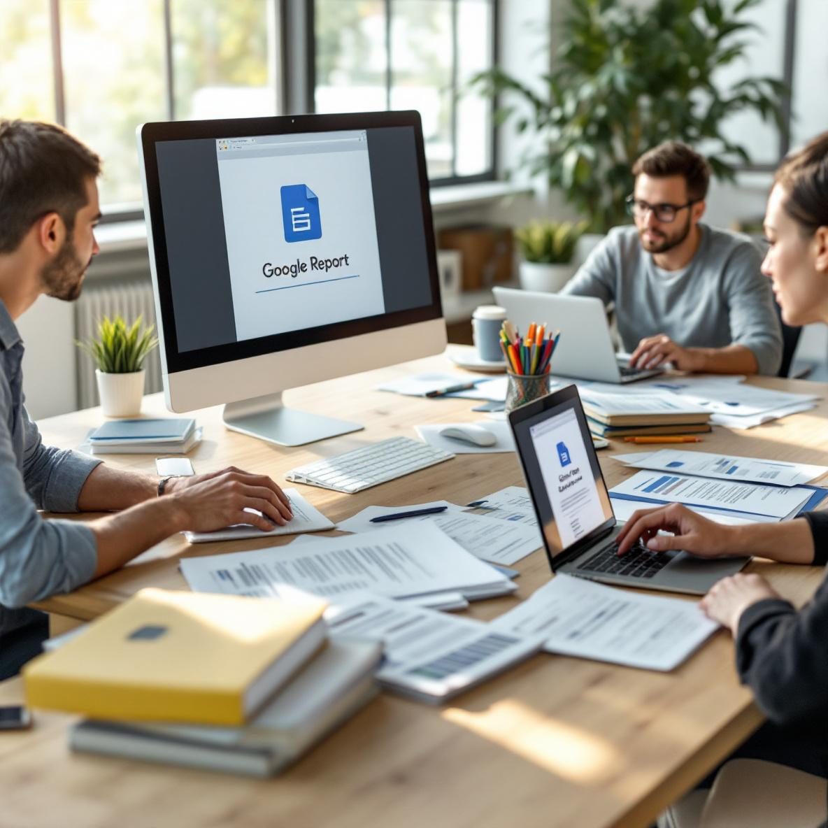 An office scene showing two people working on client reports. One is typing on a laptop displaying a Google Docs document, while another reviews printed reports. Organized folders are scattered across the table, and sunlight brightens the room through large windows.