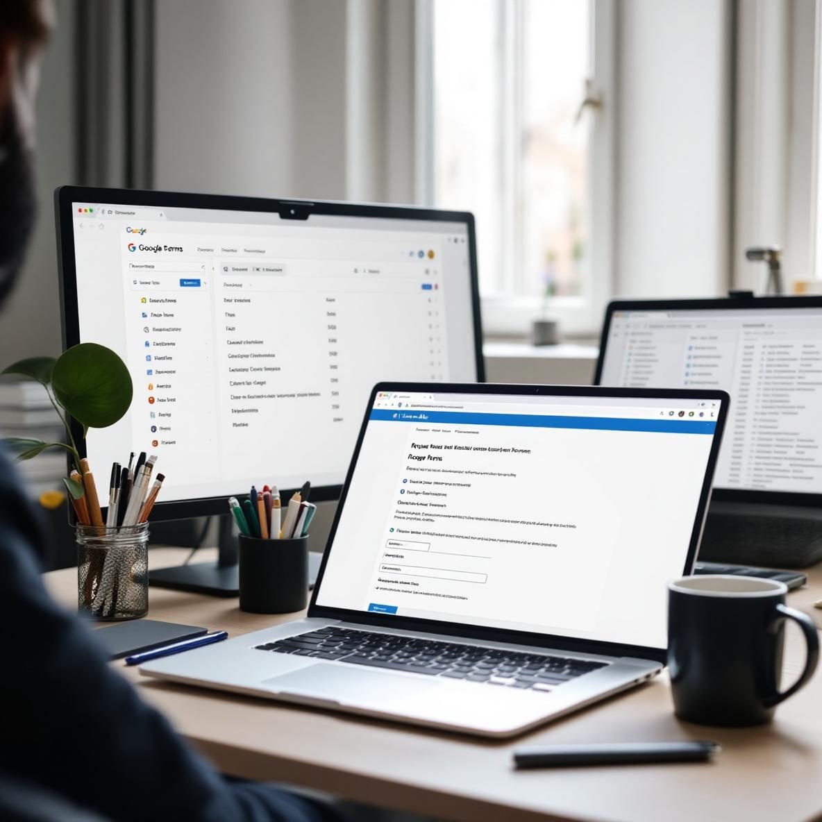 A clutter-free desk showcasing a laptop with an open Google Forms page for request intake and an Airtable screen displaying submitted requests. The workspace is well-lit with natural sunlight and features stationery items and a coffee mug, conveying a sense of productivity.